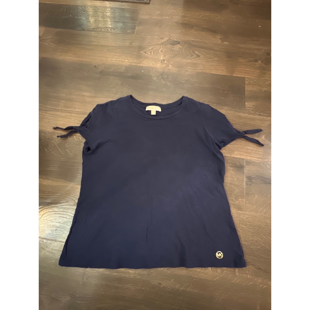 Michael Michael Kors Navy Blue Cotton Tie Sleeve Crew Neck Top XL Logo Medallion